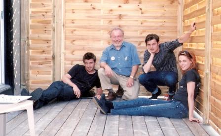 Gerald Nicosia (2nd from left) with actors he coached for Walter Salle’s movie of On the Road: from left: Garrett Hedlund, Nicosia, Sam Riley, and Kristen Stewart. At “Beat boot camp” in Montreal, July 2010. Photographer unknown.