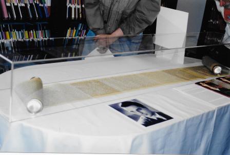 The roll manuscript of Jack Kerouac&rsquo;s novel On the Road, on display at Christie&rsquo;s in downtown San Francisco, May, 2001, in an effort to increase buyer interest.  Photo by Gerald Nicosia.